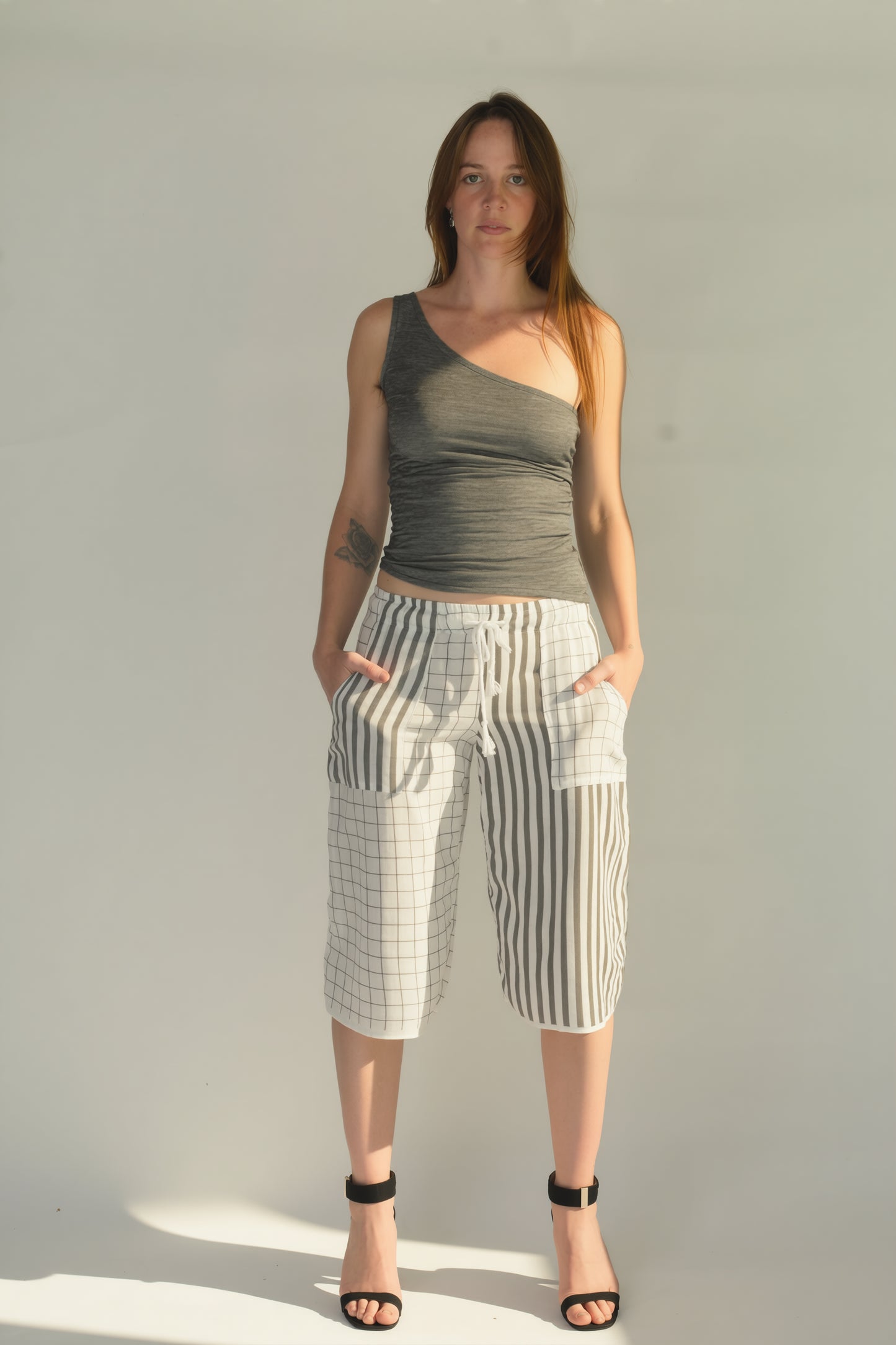 Grey and White light weight Capri Shorts